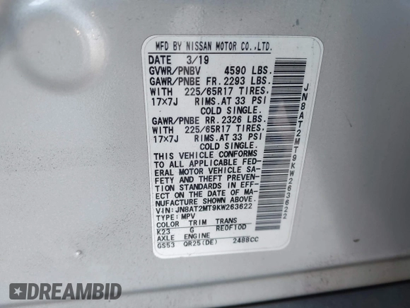 2019 Nissan Rogue SV with VIN JN8AT2MT9KW263622, listed as a IAAI auction lot 42021454 with 60,825 mi miles. Bid and sale history available at carsss.com. Image 9.
