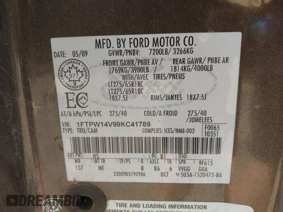 2009 Ford F-150 XL z VIN 1FTPW14V99KC41789, wystawiony jako IAAI lot #42557590 z przebiegiem 251 404 mil mil oraz . Historia ofert i sprzedaży dostępna na DreamBid. Obrazek 9.