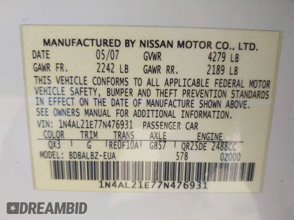 2007 Nissan Altima 2.5 with VIN 1N4AL21E77N476931, listed as a IAAI auction lot 41978623 with 182,607 mi miles. Bid and sale history available at carsss.com. Image 9.