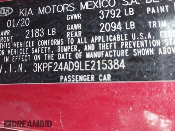 2020 Kia Forte LXS z VIN 3KPF24AD9LE215384, wystawiony jako IAAI lot #40951994 z przebiegiem 72 255 mil mil oraz . Historia ofert i sprzedaży dostępna na DreamBid. Obrazek 9.
