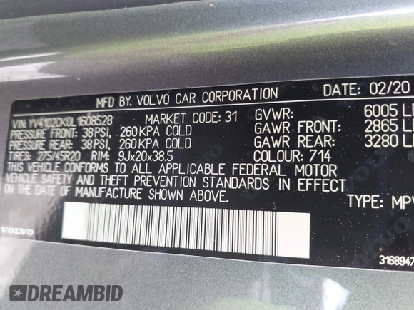 2020 Volvo XC90 Momentum with VIN YV4102CK0L1608528, listed as a IAAI auction lot 41870527 with Not provided miles and . Bid and sale history available at DreamBid. Image 9.