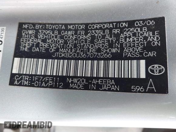 2006 Toyota Prius with VIN JTDKB20U367073266, listed as a IAAI auction lot 41986156 with Not Provided miles. Bid and sale history available at carsss.com. Image 9.
