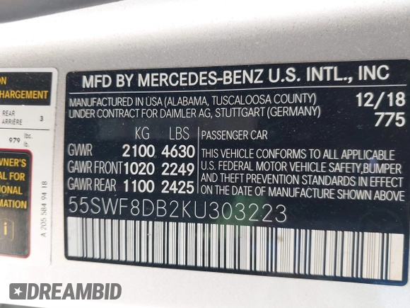 2019 Mercedes-Benz C 300 with VIN 55SWF8DB2KU303223, listed as a IAAI auction lot 41028551 with 62,729 mi miles and . Bid and sale history available at DreamBid. Image 9.