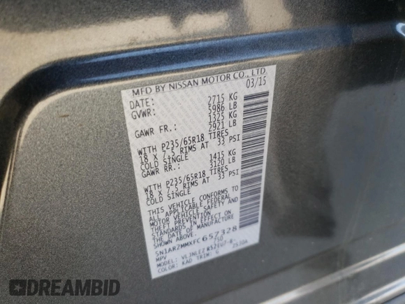 2015 Nissan Pathfinder SV with VIN 5N1AR2MMXFC657328, listed as a Copart auction lot 85282204 with 194,056 mi miles and Clean title. Bid and sale history available at DreamBid. Image 13.