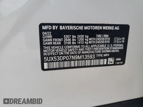 2022 BMW X3 xDrive30i with VIN 5UX53DP07N9M13593, listed as a Copart auction lot 44557635 with Not Provided miles and Salvage Title. Bid and sale history available at DreamBid. Image 13.