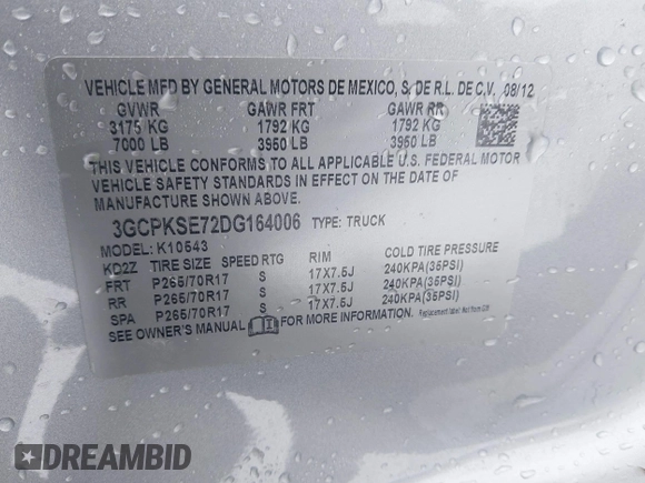 2013 Chevrolet Silverado 1500 LT with VIN 3GCPKSE72DG164006, listed as a IAAI auction lot 41483800 with 126,105 mi miles. Bid and sale history available at carsss.com. Image 9.