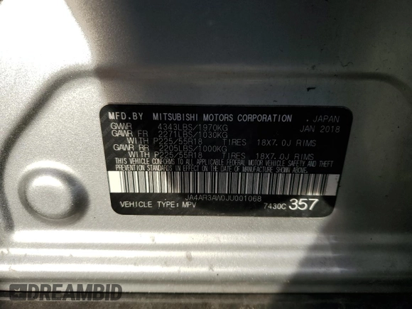 2018 Mitsubishi Outlander Sport SE 2.4 with VIN JA4AR3AW0JU001068, listed as a Copart auction lot 84549994 with 0 mi miles and Salvage Title. Bid and sale history available at carsss.com. Image 14.