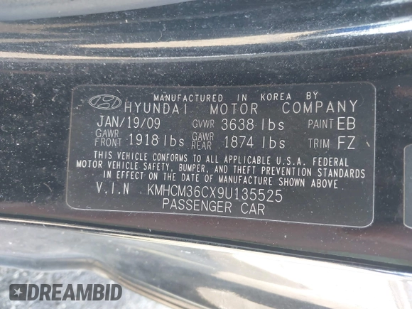 2009 Hyundai Accent GS with VIN KMHCM36CX9U135525, listed as a IAAI auction lot 42231137 with 142,118 mi miles and . Bid and sale history available at DreamBid. Image 9.