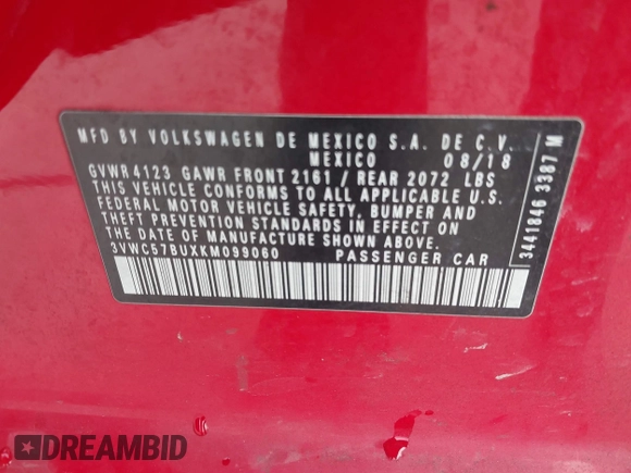2019 Volkswagen Jetta S z VIN 3VWC57BUXKM099060, wystawiony jako IAAI lot #41478697 z przebiegiem 134 363 mil mil oraz . Historia ofert i sprzedaży dostępna na DreamBid. Obrazek 9.