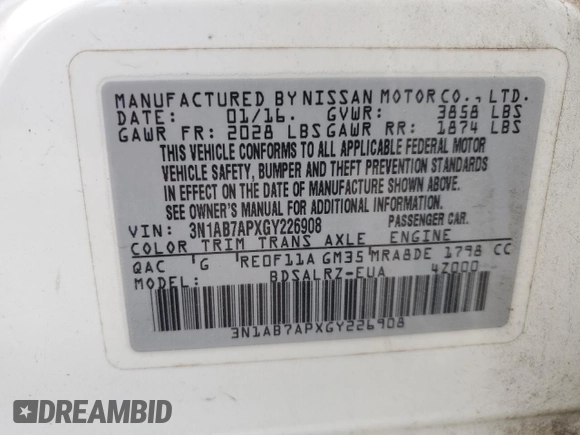 2016 Nissan Sentra SR with VIN 3N1AB7APXGY226908, listed as a Copart auction lot 50982105 with 96,989 mi miles and Salvage Title. Bid and sale history available at DreamBid. Image 15.