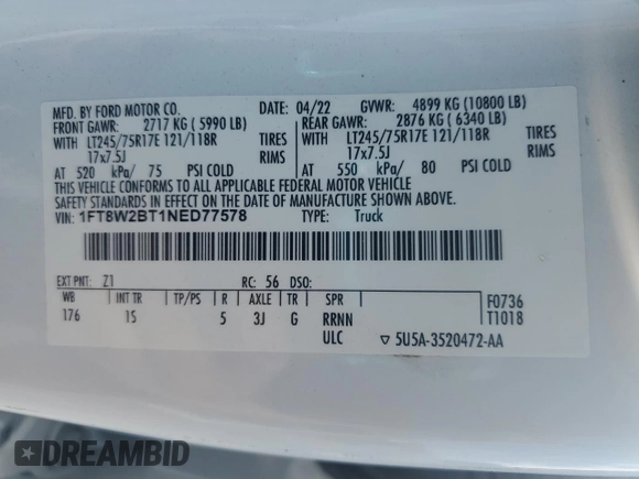 2022 Ford F-250 XL with VIN 1FT8W2BT1NED77578, listed as a Copart auction lot 55841935 with 64,639 mi miles and Salvage title. Bid and sale history available at DreamBid. Image 12.