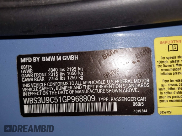 2016 BMW M4 with VIN WBS3U9C51GP968809, listed as a IAAI auction lot 42197553 with 106,068 mi miles and . Bid and sale history available at DreamBid. Image 9.