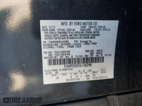 2014 Ford Taurus SEL z VIN 1FAHP2E82EG150298, wystawiony jako Copart lot #49546245 z przebiegiem 147 956 mil mil oraz Szkoda całkowita • Salvage title. Historia ofert i sprzedaży dostępna na DreamBid. Obrazek 14.