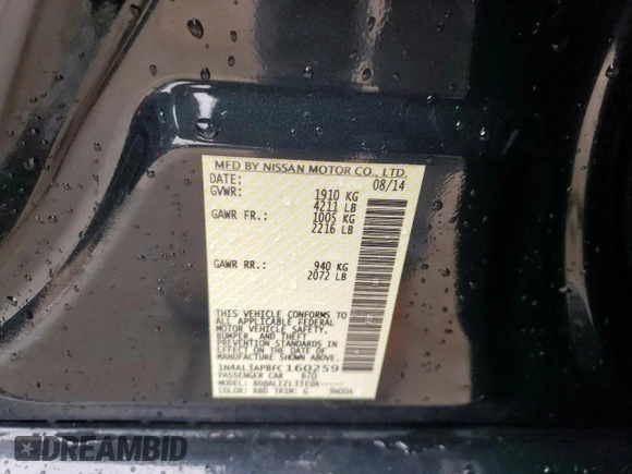 2015 Nissan Altima SL with VIN 1N4AL3AP8FC160259, listed as a Copart auction lot 59900305 with 131,223 mi miles and Salvage title. Bid and sale history available at DreamBid. Image 13.