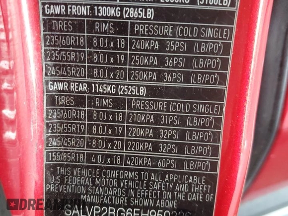 2014 Land Rover Range Rover Evoque Pure Plus z VIN SALVP2BG6EH950226, wystawiony jako Copart lot #54753915 z przebiegiem 132 120 mil mil oraz Szkoda całkowita • Salvage title. Historia ofert i sprzedaży dostępna na DreamBid. Obrazek 14.