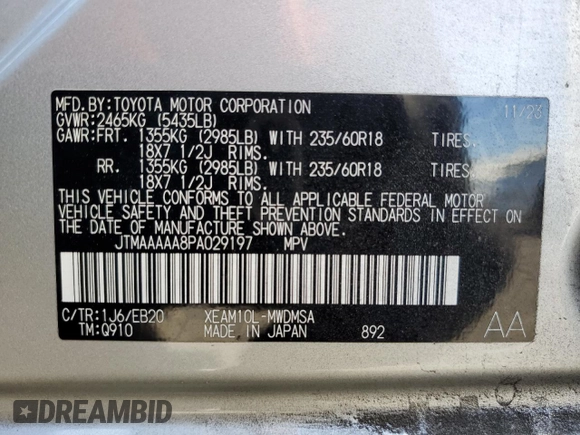 2023 Toyota bZ4X XLE z VIN JTMAAAAA8PA029197, wystawiony jako Copart lot #89393245 z przebiegiem 31 280 mil mil oraz Szkoda całkowita • Salvage title. Historia ofert i sprzedaży dostępna na DreamBid. Obrazek 15.