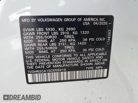 2025 Volkswagen Atlas SE with VIN 1V2HR2CA1SC555919, listed as a Copart auction lot 62876785 with 2,377 mi miles and Non repairable. Bid and sale history available at DreamBid. Image 15.