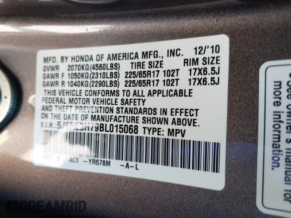 2011 Honda CR-V EX-L with VIN 5J6RE3H79BL015068, listed as a IAAI auction lot 41535627 with 126,526 mi miles. Bid and sale history available at carsss.com. Image 9.