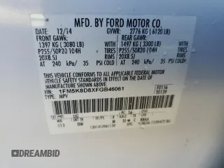 2015 Ford Explorer XLT with VIN 1FM5K8D8XFGB46061, listed as a Copart auction lot 51047835 with 118,885 mi miles and Salvage Title. Bid and sale history available at DreamBid. Image 13.