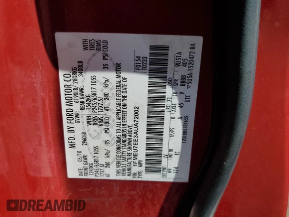 2010 Ford Explorer Eddie Bauer с VIN 1FMEU7EE3AUA72002, выставлен на аукционе Copart как лот 58160635 с пробегом 174 486 миль миль и Списание • Salvage title. История ставок и продаж доступна на DreamBid. Изображение 13.