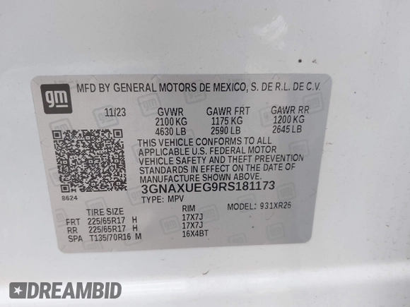 2024 Chevrolet Equinox LT with VIN 3GNAXUEG9RS181173, listed as a IAAI auction lot 42082890 with 27,575 mi miles. Bid and sale history available at carsss.com. Image 9.