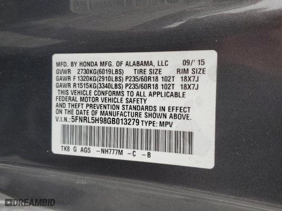 2016 Honda Odyssey Touring Elite with VIN 5FNRL5H98GB013279, listed as a Copart auction lot 48382575 with 156,477 mi miles and Salvage Title. Bid and sale history available at carsss.com. Image 13.