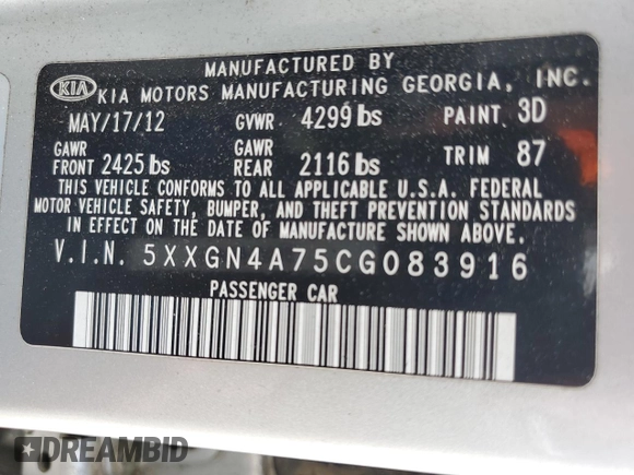 2012 Kia Optima EX z VIN 5XXGN4A75CG083916, wystawiony jako Copart lot #54954205 z przebiegiem 253 854 mil mil oraz Szkoda całkowita • Salvage title. Historia ofert i sprzedaży dostępna na DreamBid. Obrazek 13.