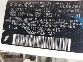 2014 Hyundai Accent GLS with VIN KMHCT4AE4EU590415, listed as a IAAI auction lot 41877817 with 169,285 mi miles. Bid and sale history available at carsss.com. Image 9.