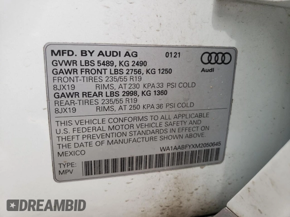 2021 Audi Q5 with VIN WA1AABFYXM2050645, listed as a Copart auction lot 53162383 with 23,012 mi miles and . Bid and sale history available at DreamBid. Image 15.