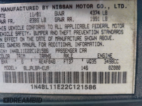 2002 Nissan Altima SE with VIN 1N4BL11E22C121586, listed as a IAAI auction lot 41409205 with 213,720 mi miles. Bid and sale history available at carsss.com. Image 9.