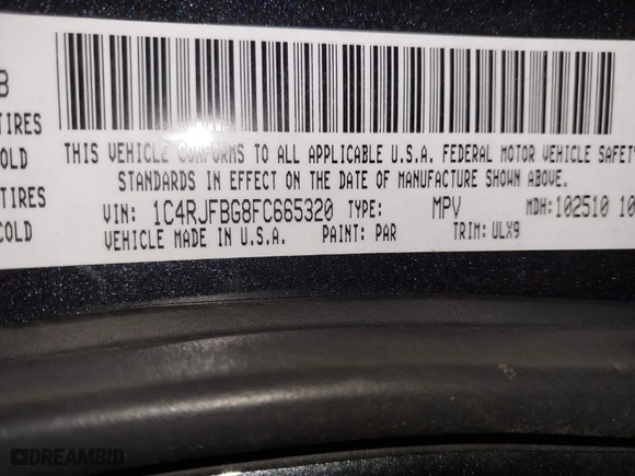 2015 Jeep Grand Cherokee Limited with VIN 1C4RJFBG8FC665320, listed as a IAAI auction lot 41884422 with 125,610 mi miles. Bid and sale history available at carsss.com. Image 9.
