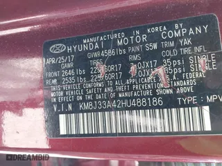 2017 Hyundai Tucson SE Plus with VIN KM8J33A42HU488186, listed as a IAAI auction lot 42015926 with 159,537 mi miles. Bid and sale history available at carsss.com. Image 9.