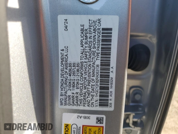 2024 Honda Accord Touring с VIN 1HGCY2F82RA063138, выставлен на аукционе Copart как лот 55148295 с пробегом 7 613 миль миль и Списание • Salvage title. История ставок и продаж доступна на DreamBid. Изображение 12.