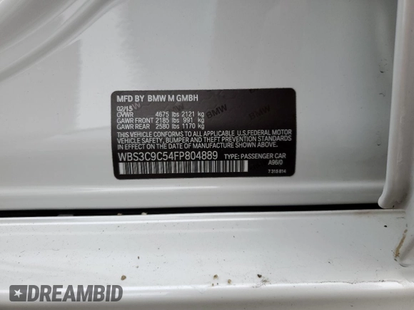 2015 BMW M3 with VIN WBS3C9C54FP804889, listed as a Copart auction lot 42242213 with 53,164 mi miles. Bid and sale history available at carsss.com. Image 12.