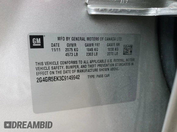 2012 Buick Regal with VIN 2G4GR5EK3C9149942, listed as a Copart auction lot 54039635 with 39,271 mi miles and Non repairable. Bid and sale history available at DreamBid. Image 12.