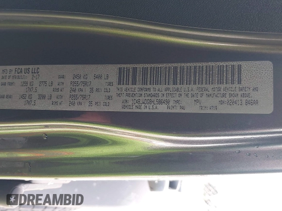 2017 Jeep Wrangler Unlimited Sport with VIN 1C4BJWDG8HL586490, listed as a IAAI auction lot 42254241 with Not provided miles and . Bid and sale history available at DreamBid. Image 9.