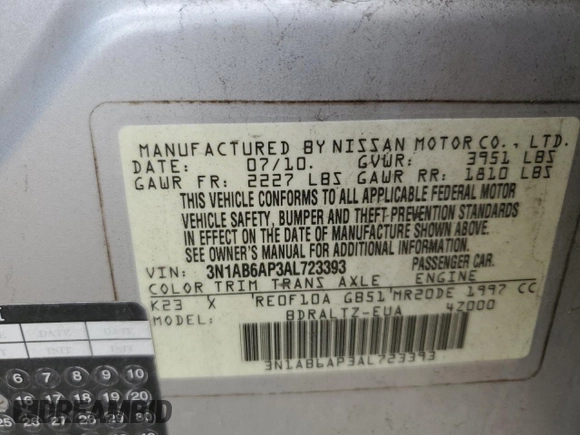 2010 Nissan Sentra S с VIN 3N1AB6AP3AL723393, выставлен на аукционе Copart как лот 56348045 с пробегом 161 426 миль миль и Списание • Salvage title. История ставок и продаж доступна на DreamBid. Изображение 12.