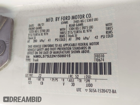 2022 Ford Transit Connect XL with VIN NM0LS7S22N1508015, listed as a IAAI auction lot 42020193 with 115,565 mi miles and . Bid and sale history available at DreamBid. Image 9.