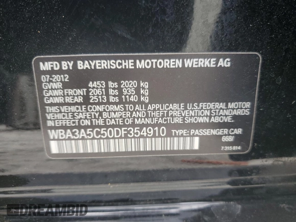 2013 BMW 3 Series 328i with VIN WBA3A5C50DF354910, listed as a Copart auction lot 59496445 with 133,089 mi miles and Salvage title. Bid and sale history available at DreamBid. Image 13.