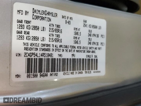 2004 Chrysler Town & Country Touring z VIN 2C4GP54L14R518481, wystawiony jako Copart lot #58425865 z przebiegiem 151 313 mil mil oraz Szkoda całkowita • Salvage title. Historia ofert i sprzedaży dostępna na DreamBid. Obrazek 13.