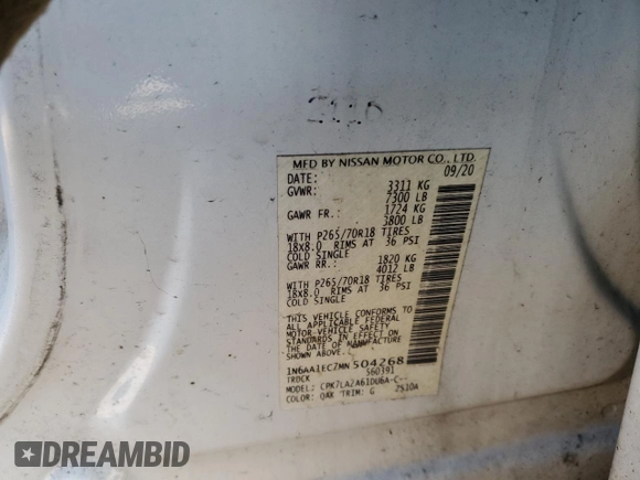 2021 Nissan Titan S with VIN 1N6AA1EC7MN504268, listed as a Copart auction lot 83965704 with 91,081 mi miles and Clean title. Bid and sale history available at DreamBid. Image 12.