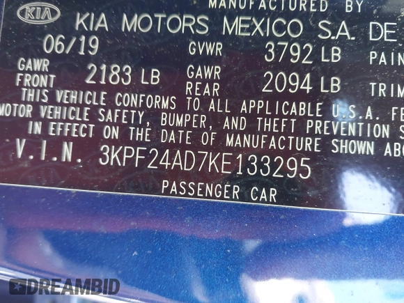 2019 Kia Forte LXS z VIN 3KPF24AD7KE133295, wystawiony jako IAAI lot #41956903 z przebiegiem 127 344 mil mil oraz . Historia ofert i sprzedaży dostępna na DreamBid. Obrazek 9.