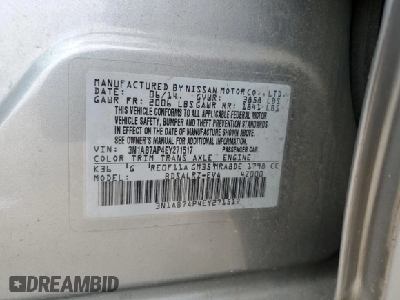 2014 Nissan Sentra SV with VIN 3N1AB7AP4EY271517, listed as a Copart auction lot 54385855 with 114,749 mi miles and Salvage title. Bid and sale history available at DreamBid. Image 12.