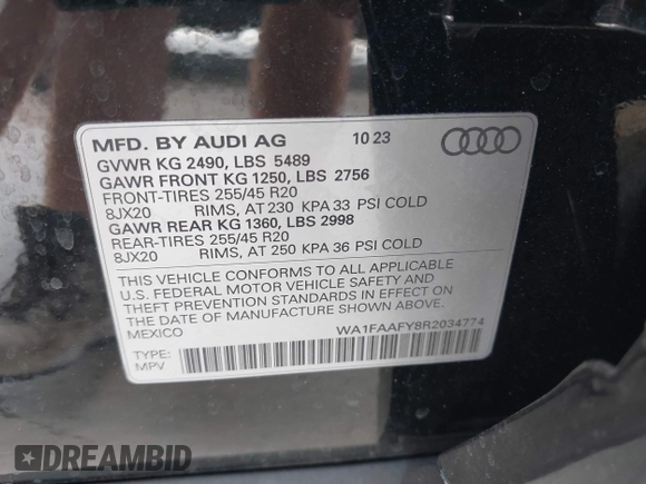 2024 Audi Q5 S line Prestige with VIN WA1FAAFY8R2034774, listed as a IAAI auction lot 42227400 with 16,521 mi miles and . Bid and sale history available at DreamBid. Image 9.