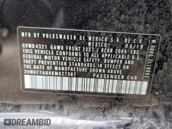 2019 Volkswagen GTI S z VIN 3VW6T7AU6KM027387, wystawiony jako Copart lot #51579585 z przebiegiem 73 586 mil mil oraz Szkoda całkowita • Salvage title. Historia ofert i sprzedaży dostępna na DreamBid. Obrazek 13.