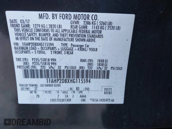 2017 Ford Taurus SE with VIN 1FAHP2D8XHG115594, listed as a IAAI auction lot 41237325 with 77,945 mi miles and . Bid and sale history available at DreamBid. Image 9.