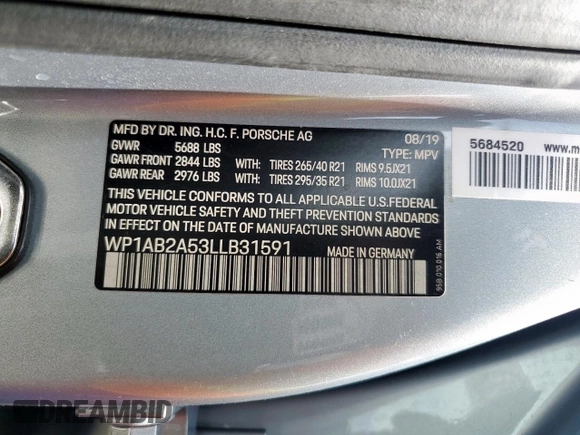 2020 Porsche Macan S with VIN WP1AB2A53LLB31591, listed as a Copart auction lot 61792435 with 54,964 mi miles and Salvage title. Bid and sale history available at DreamBid. Image 13.