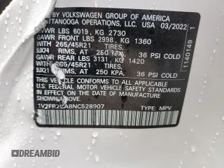 2022 Volkswagen Atlas SEL Premium R-Line with VIN 1V2FR2CA8NC528907, listed as a Copart auction lot 60201125 with 26,125 mi miles and Salvage title. Bid and sale history available at DreamBid. Image 13.