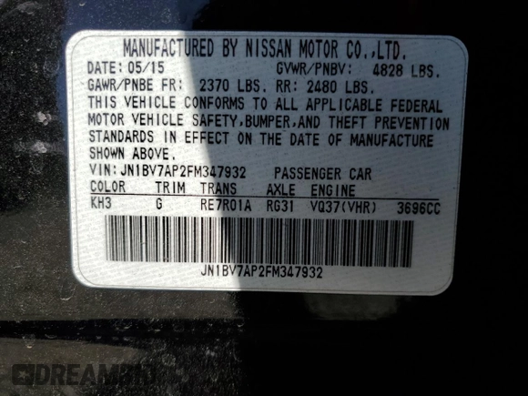 2015 Infiniti Q50 Premium z VIN JN1BV7AP2FM347932, wystawiony jako Copart lot #51823985 z przebiegiem 105 294 mil mil oraz Szkoda całkowita • Salvage title. Historia ofert i sprzedaży dostępna na DreamBid. Obrazek 12.