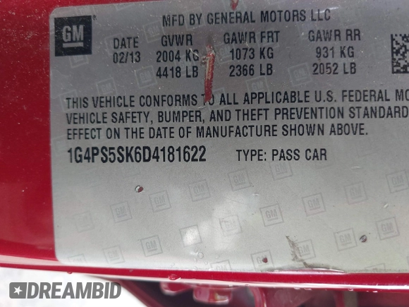 2013 Buick Verano Group with VIN 1G4PS5SK6D4181622, listed as a IAAI auction lot 41516997 with 130,941 mi miles and . Bid and sale history available at DreamBid. Image 9.